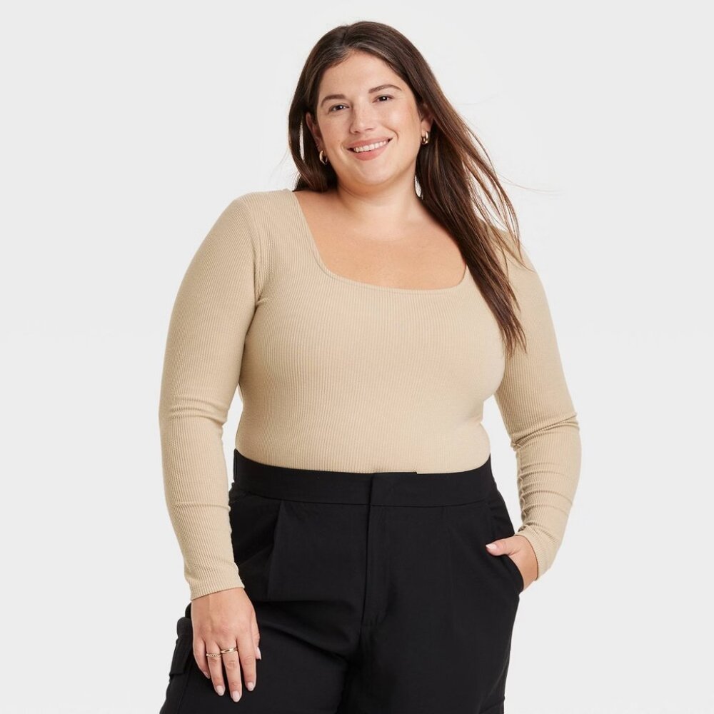 NEW! Women's Slim Fit Long Sleeve Bodysuit, Tan - A New Day